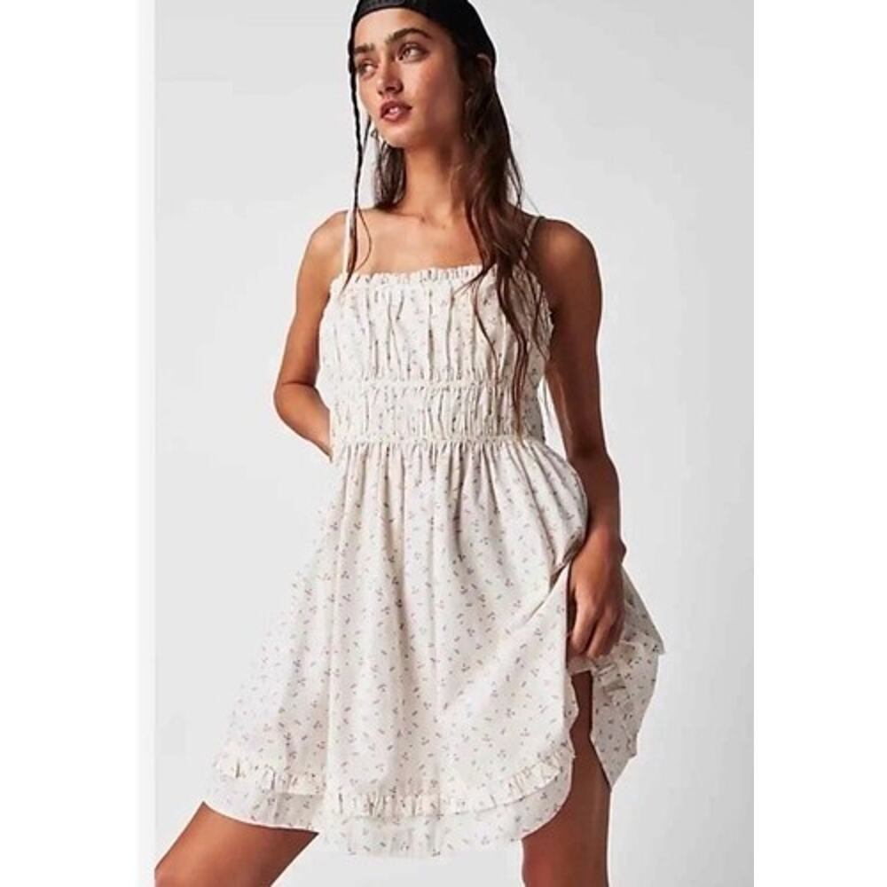 Free People Gabby Mini Dress Floral Smocked Babydoll Tunic Dress Size XL